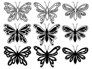Fototapeta na wymiar butterfly silhouette, group of butterflies, wildlife, black and white