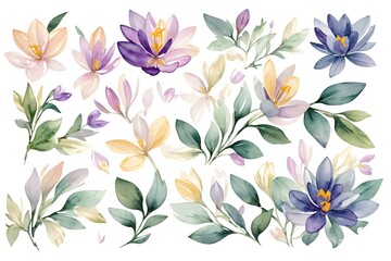 Greeting card with spring crocus flowers, watercolor painting, hand drawing greeting card, watercolor painting. Spring flowers: violet, blue and white crocuses, botanical illustration. Generative AI