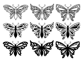 butterfly silhouette, group of butterflies, wildlife, black and white