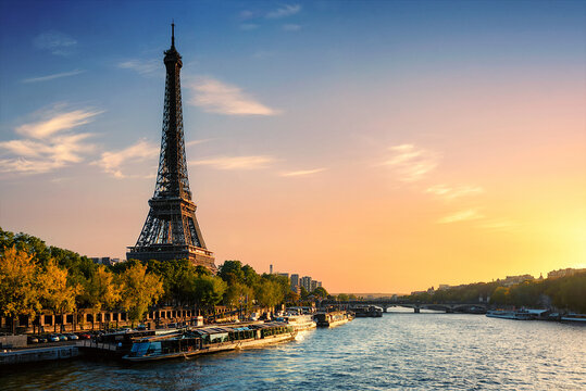 The Eiffel Tower in Paris France, at sunset