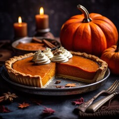 Realistic photo of Pumpkin Pie. Close-Up Food Photography