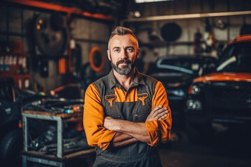 A successful good looking auto-mechanic with beard standing with his arm crossed, mechanic shop in the background. Generative AI