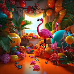 Obraz na płótnie Canvas A Daytime Escape: Tropical Island Oasis Party with Flamingos and Balloons