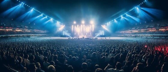 A crowd of people at an ultra-modern live event, concert, or ceremony. A large audience, crowd, or participants in a live event venue with bright lights above. Generated by AI. - obrazy, fototapety, plakaty