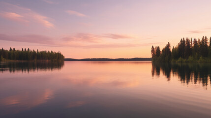 Fototapeta na wymiar Stunning Image of Serene Landscape During Golden Hour, Tranquil Lake and Lush Forest under Vibrant Sunset