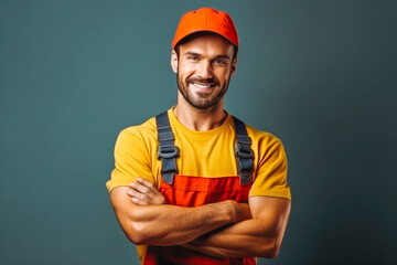 Portrait of smiley handyman in overalls and cap standing with his arms crossed. Generative AI
