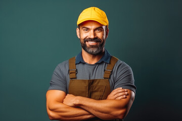 Portrait of smiley handyman in overalls and cap standing with his arms crossed. Generative AI