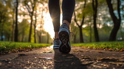 closeup photo similar of feet walking  with running shoes and sport leggins at a path in the forest