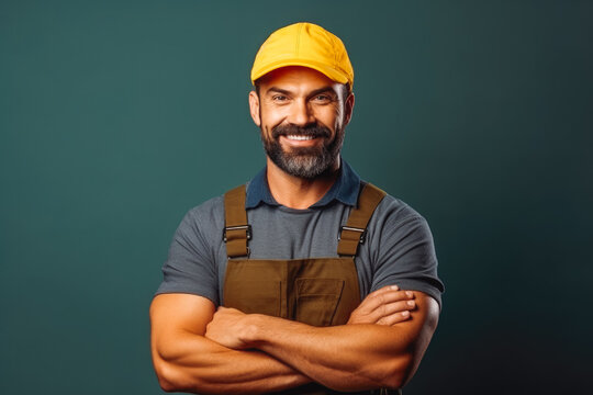 Portrait of smiley handyman in overalls and cap standing with his arms crossed. Generative AI