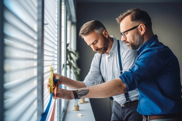 Obraz premium Professional looking architects using tape measure to measure windows of apartment. Generative AI