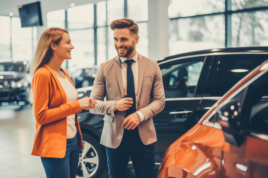 Very happy customer buying a car with help of a assisting seller in a car dealership. Generative AI