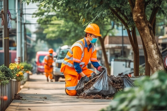Garbage worker collecting trash in urban suburb, cleaning the streets, environmental care. Generative AI