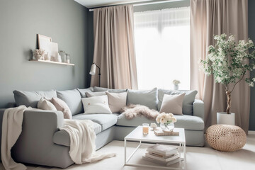Living room interior, pastel, soft, Generative AI