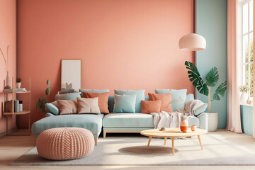 Fototapeta na wymiar Living room interior, pastel, soft, Generative AI