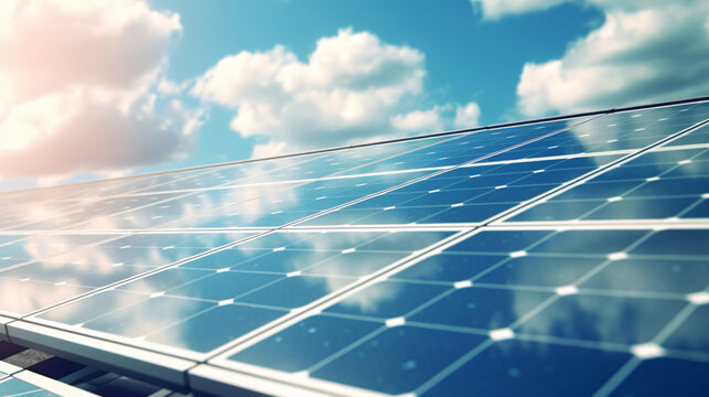 closeup of a solar panal with refelection of the sky and clouds in the panals
