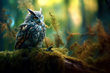 A magical fairy tale forest with an owl. A mythical realm is like something out of a storybook