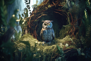 A magical fairy tale forest with an owl. A mythical realm is like something out of a storybook