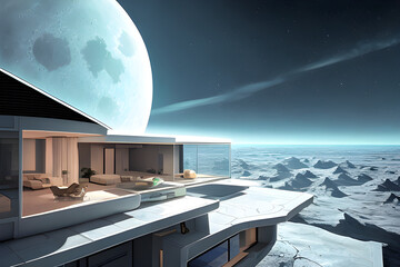 Futuristic house on the moon. An isolated research facility on the moon. Space lunar station. Moon surface, lunar landscape. generative AI