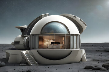 Fototapeta na wymiar Futuristic house on the moon. An isolated research facility on the moon. Space lunar station. Moon surface, lunar landscape. generative AI