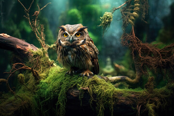 A magical fairy tale forest with an owl. A mythical realm is like something out of a storybook