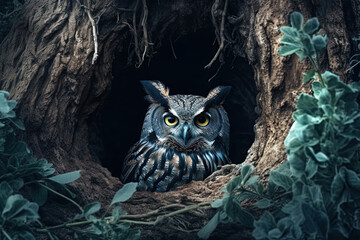 A magical fairy tale forest with an owl. A mythical realm is like something out of a storybook