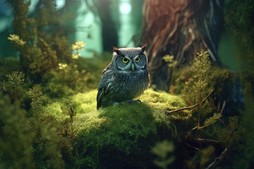 A magical fairy tale forest with an owl. A mythical realm is like something out of a storybook