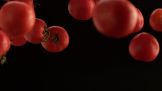 slow motion of wet tomatoes falling down on black background