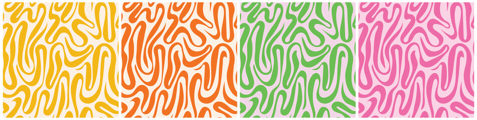 Retro style colorful seamless patterns collection. Abstract waves hippie vibe backgrounds vector set.  - 613331073