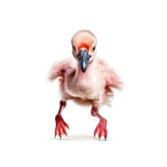 Adorable Cute Funny Baby Flamingo Bird Running Close Up Portrait Photo Illustration on White Background Nursery, Kid's, Children's room, pediatric office Digital Wall Print Art Nature Generative AI