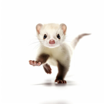 Adorable Cute Funny Baby Ferret Animal Running Close Up Portrait Photo Illustration on White Background Nursery, Kid's, Children's room, pediatric office Digital Wall Print Art Nature Generative AI