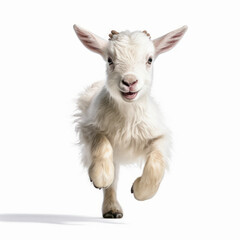 Adorable Cute Funny Baby Goat Animal Running Close Up Portrait Photo Illustration on White Background Nursery, Kid's, Children's room, pediatric office Digital Wall Print Art Nature Generative AI