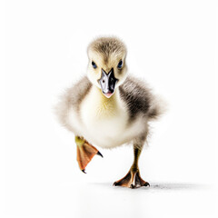 Adorable Cute Funny Baby Goose Bird Running Close Up Portrait Photo Illustration on White Background Nursery, Kid's, Children's room, pediatric office Digital Wall Print Art Nature Generative AI
