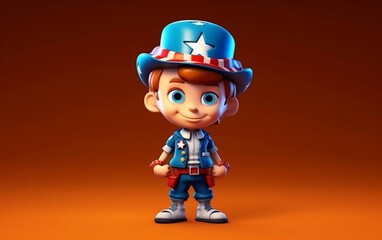 3d render cartoon celebrating America 4th July independence day, USA Flag, Hat and firecrackers