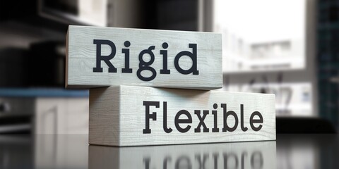 Rigid, flexible - words on wooden blocks - 3D illustration
