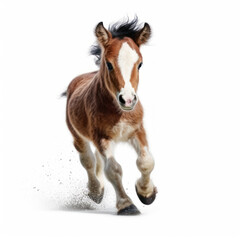 Obraz premium Adorable Cute Funny Baby Horse Foal Running Close Up Portrait Photo Illustration on White Background Nursery, Kid's, Children's room, pediatric office Digital Wall Print Art Nature Generative AI