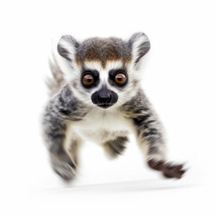 Adorable Cute Funny Baby Lemur Animal Running Close Up Portrait Photo Illustration on White Background Nursery, Kid's, Children's room, pediatric office Digital Wall Print Art Nature Generative AI