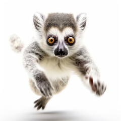 Fototapeta premium Adorable Cute Funny Baby Lemur Animal Running Close Up Portrait Photo Illustration on White Background Nursery, Kid's, Children's room, pediatric office Digital Wall Print Art Nature Generative AI