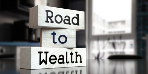 Road to wealth - words on wooden blocks - 3D illustration