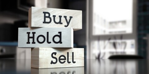 Buy, hold, sell - words on wooden blocks - 3D illustration