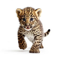 Adorable Cute Funny Baby Leopard Animal Running Close Up Portrait Photo Illustration on White Background Nursery, Kid's, Children's room, pediatric office Digital Wall Print Art Nature Generative AI