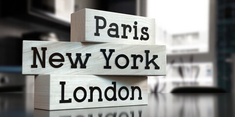 London, New york, Paris - words on wooden blocks - 3D illustration