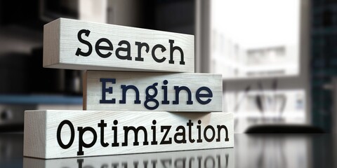 Search engine optimization, SEO - words on wooden blocks - 3D illustration