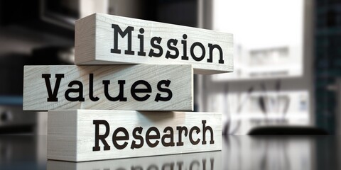 Mission, values, research - words on wooden blocks - 3D illustration