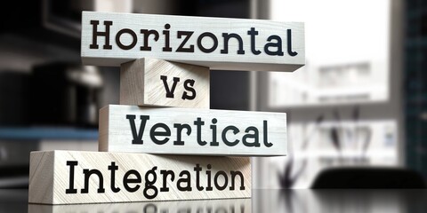 Horizontal vs vertical integration - words on wooden blocks - 3D illustration