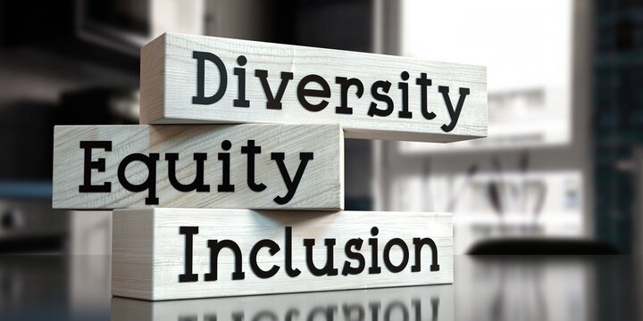 Diversity, equity, inclusion - words on wooden blocks - 3D illustration