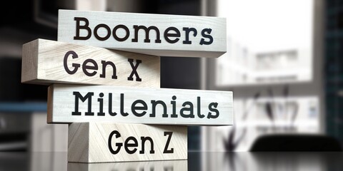 Boomers, Gen x, Millenials, Gen Z - words on wooden blocks - 3D illustration