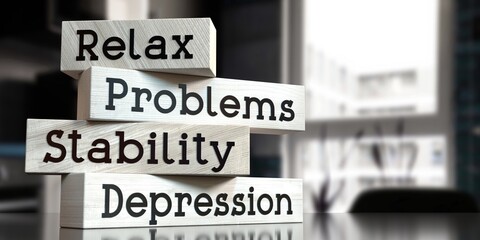 Depression, problems, stability, relax - words on wooden blocks - 3D illustration