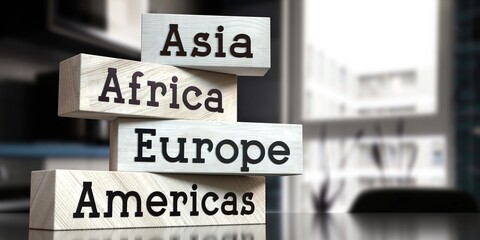 Europe, america, africa, asia - words on wooden blocks - 3D illustration