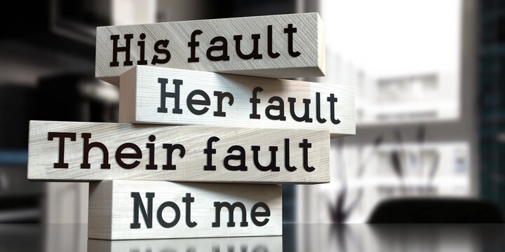 His fault, her fault, their fault, not me - words on wooden blocks - 3D illustration
