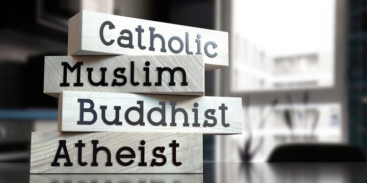 Catholic, muslim, buddhist, atheist - words on wooden blocks - 3D illustration
